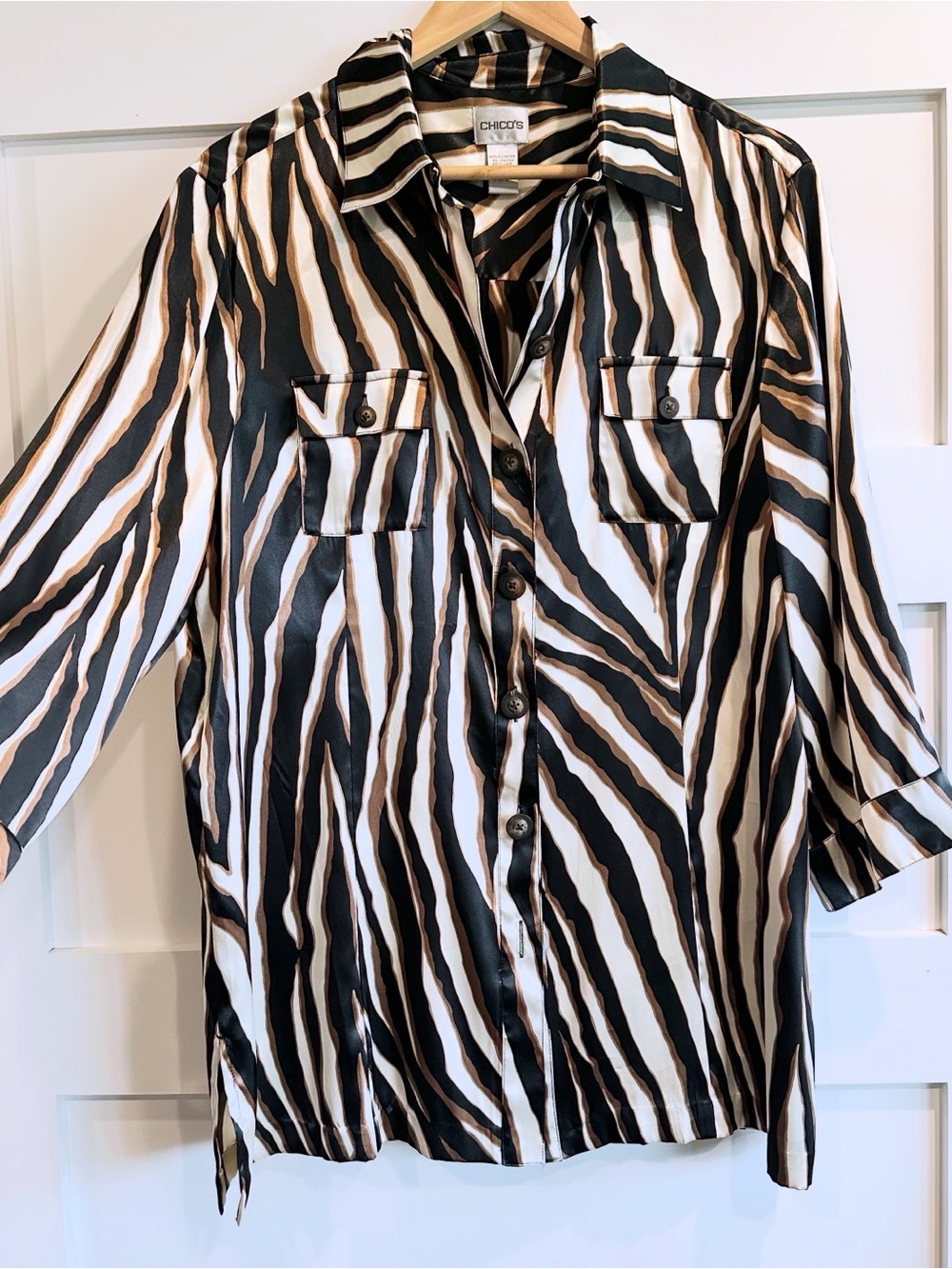 Chico's Zebra-Print Button-Down Shirt — Black, White & Brown